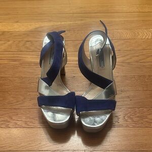 Prada Silver/Blue Leather and Suede Strappy Platform Sandals